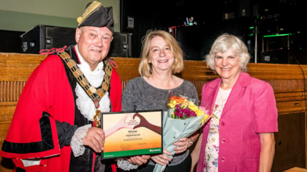 Carer Virginia Bovell is presented with her award by the Mayor of Islington and Cllr Janet Burgess cropped