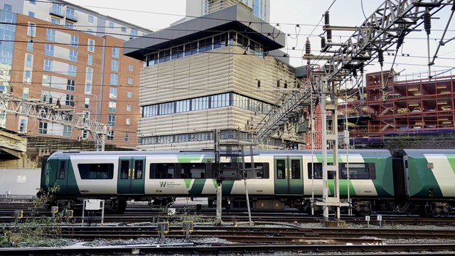 London Northwestern Railway train passing by Birmingham New Street PSB