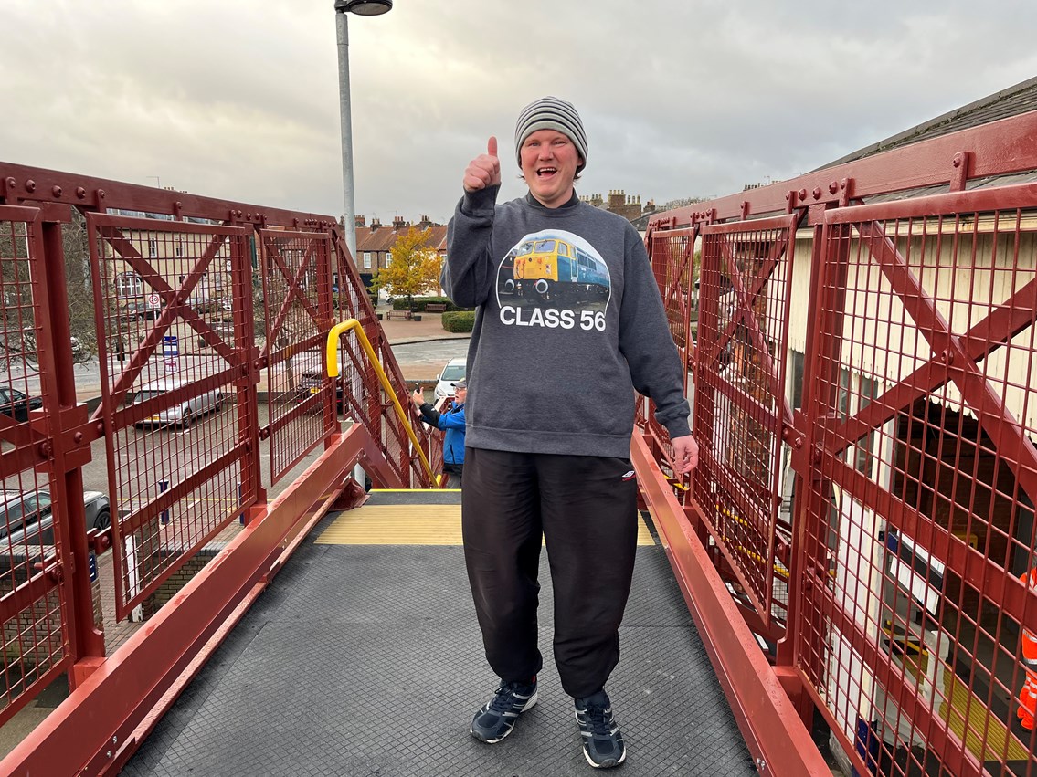 Local rail enthusiast, John Edwards, is the first to cross the restored Beverley bridge, Network Rail