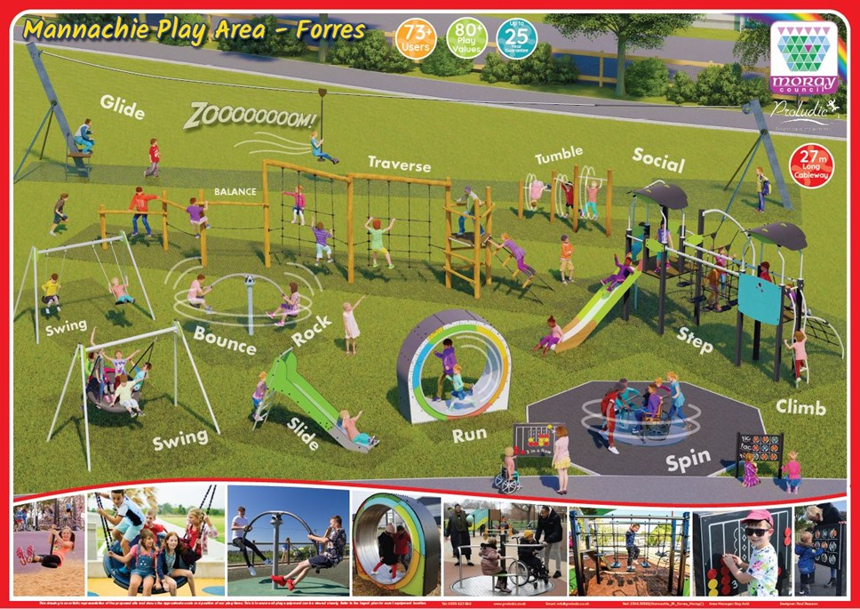 An artist's impression of children playing on park equipment including a slide, spinning roundabout and swings, in Mannachie Park, Forres.