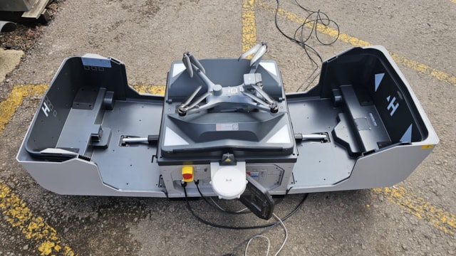 While not in use the drone is kept inside a secure 'nest', shown here: While not in use the drone is kept inside a secure 'nest', shown here