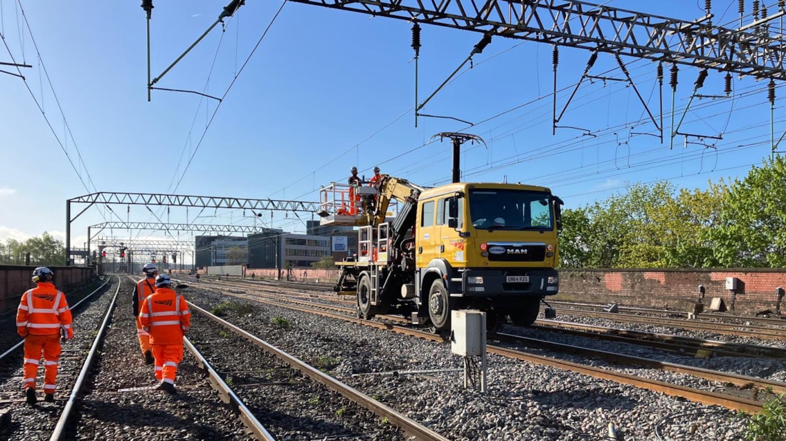 Testing the overhead line repairs near Manchester Piccadilly Sunday 19 April