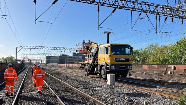 Testing the overhead line repairs near Manchester Piccadilly Sunday 19 April: Testing the overhead line repairs near Manchester Piccadilly Sunday 19 April
