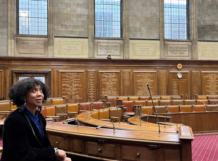 Inspirational women plaques: Heather Paul, daughter of Gertrude Paul, with the plaque paying tribute to her mother which was unveiled in the council chamber at Leeds Civic Hall.