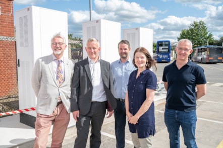 City of York Council team with First Bus at York depot with new electric chargers