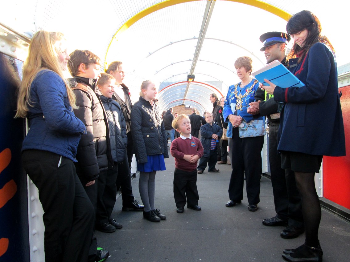 Local children lend a hand to reopen Blackfriars Road footbridge in Portsmouth: Blackfriars Bridge opening by the Lord Mayor of Portsmouth, Councillor Lynne Stagg