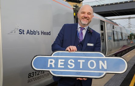 Matthew Golton, Managing Director of TransPennine Express with the newly named 'St Abb's Head' train, the first passenger service to stop at Reston Station in more than 50 years-2