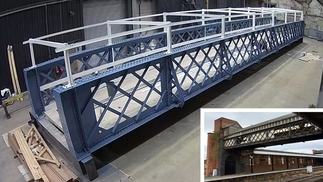 Historic station luggage bridge gets identical replica replacement: Worcester Shrub Hill luggage bridge replacement composite