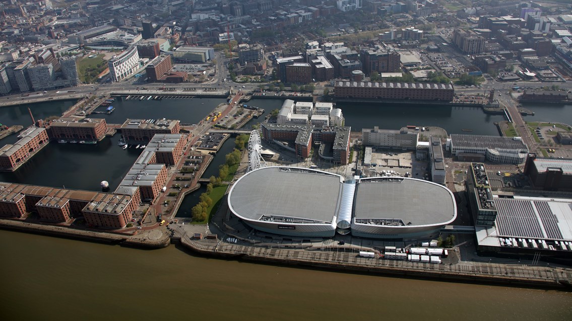 Helicopter shot of M&S Bank Arena Liverpool - Credit Network Rail Air Operations