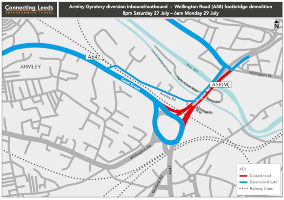 Armley Gyratory Wellington Road closure zoomed diversion map