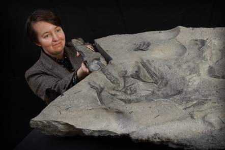 University of Edinburgh PhD student Natalia Jagielska with the Jurassic Pterosaur fossil, Dearc sgiathanach. Photo © Stewart Attwood. 2
