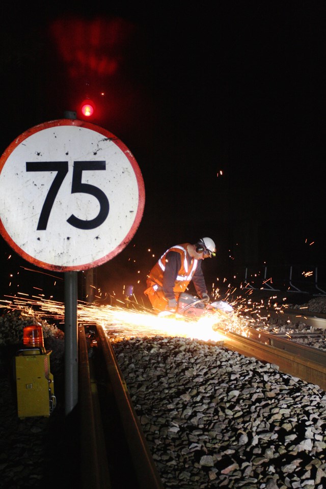 Sparks fly! Rail cutting by Network Rail contractors: Sparks fly! Rail cutting by Network Rail contractors