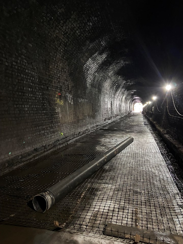 Inside Dinmore tunnel with new track