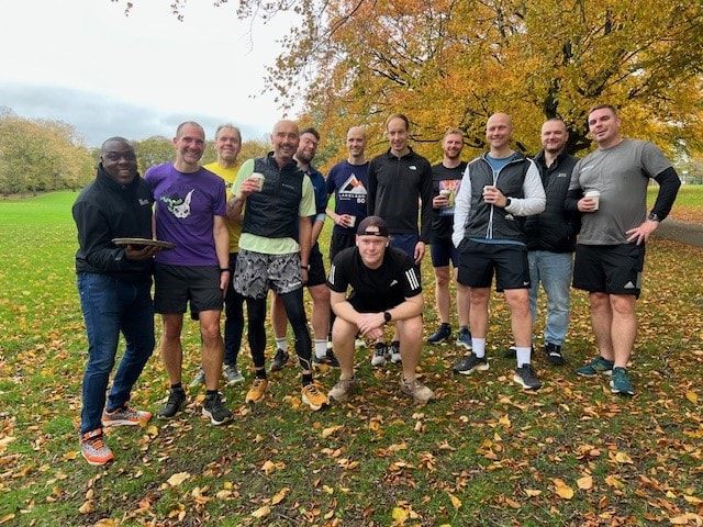 Men's Health 2: ‘Manbassadors’ at Active Leeds ran all 11 five-kilometre parkruns in Leeds in less than 12 hours, to raise money for men's support groups. Pictured: the Manbassador runners at Potternewton Park during the day.