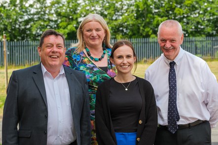 Leader of the Council, Cllr Douglas Reid, Chief Executive Eddie Fraser and Linda McAulay-Griffiths, Chief Education Officer congratulate Probationer of the year Samantha Torbet