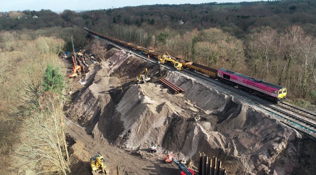 East Grinstead landslip: Aerial view of the landslip at East Grinstead, showing the scene two weeks ago.