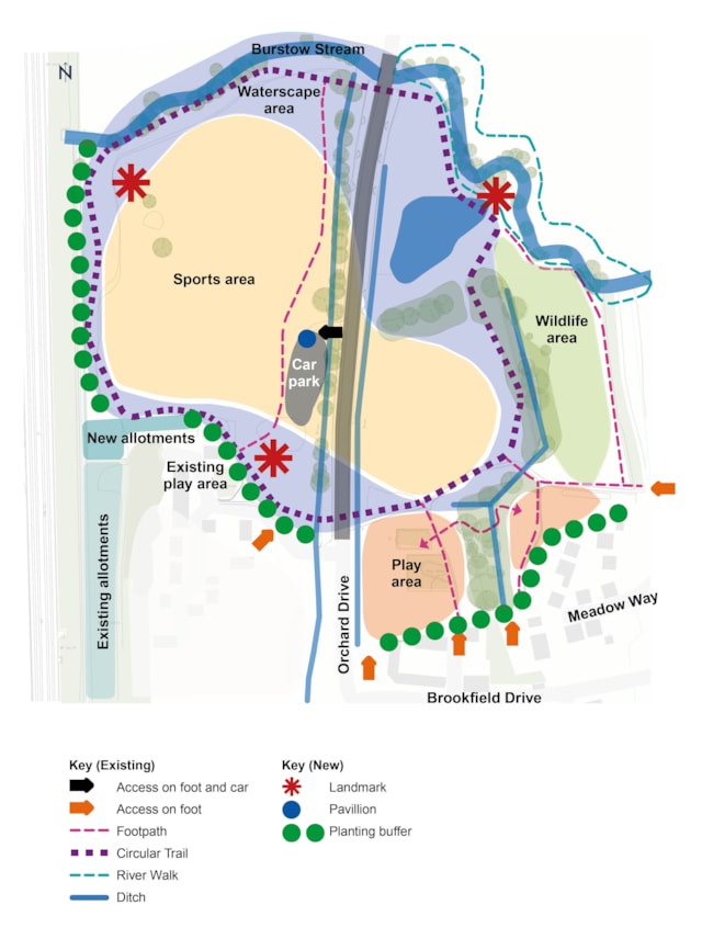 1. Park zoning and character areas - indicative layout and potential facilities: Initial design for Tanyard Meadows town park showing potential zones for facilities and activities.