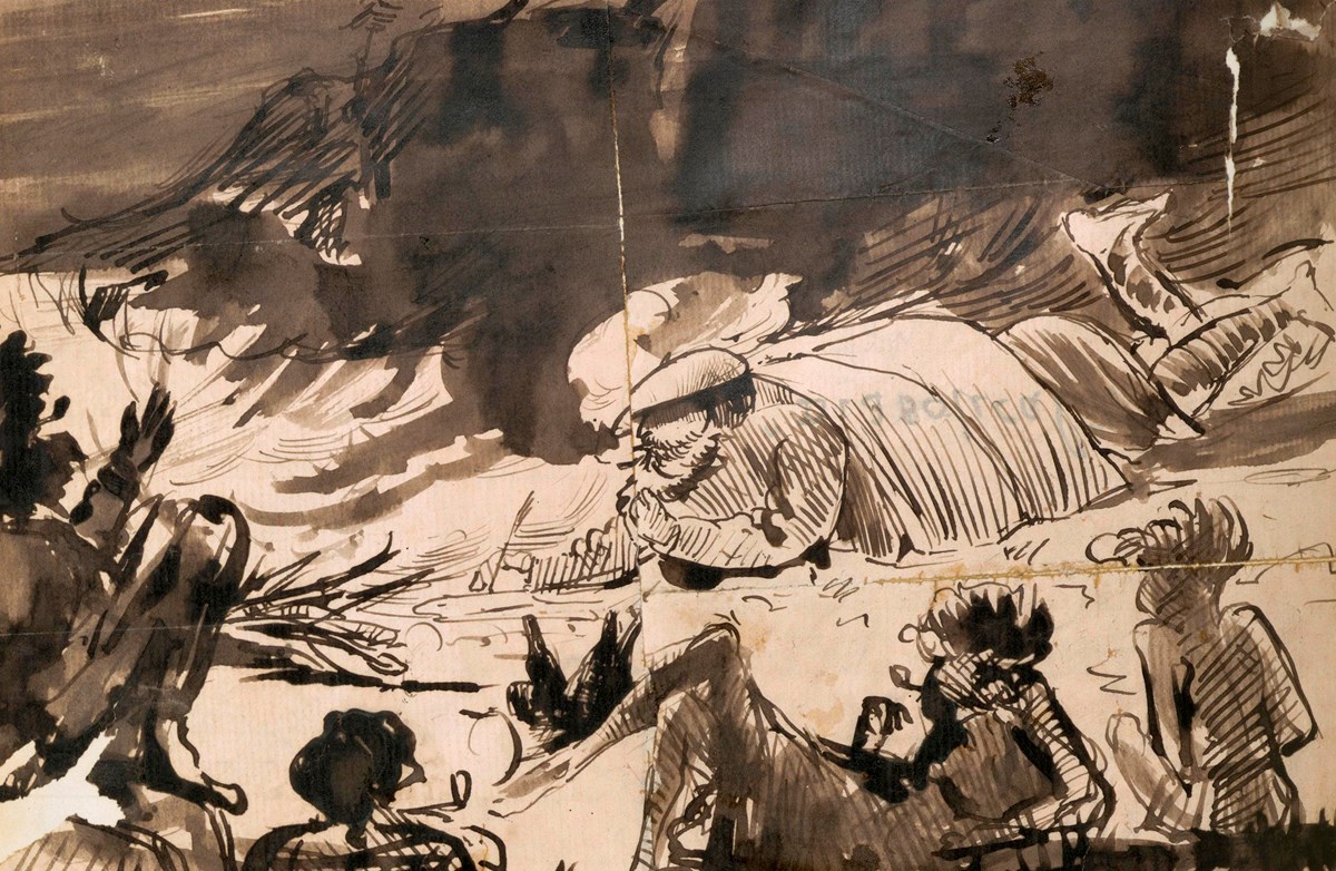 Sketch by John Francis Campbell of himself lying on the floor and writing down a story. From a journal kept by John Francis Campbell written while he was travelling in the West of Scotland collecting Gaelic folklore, 1870–1871.
