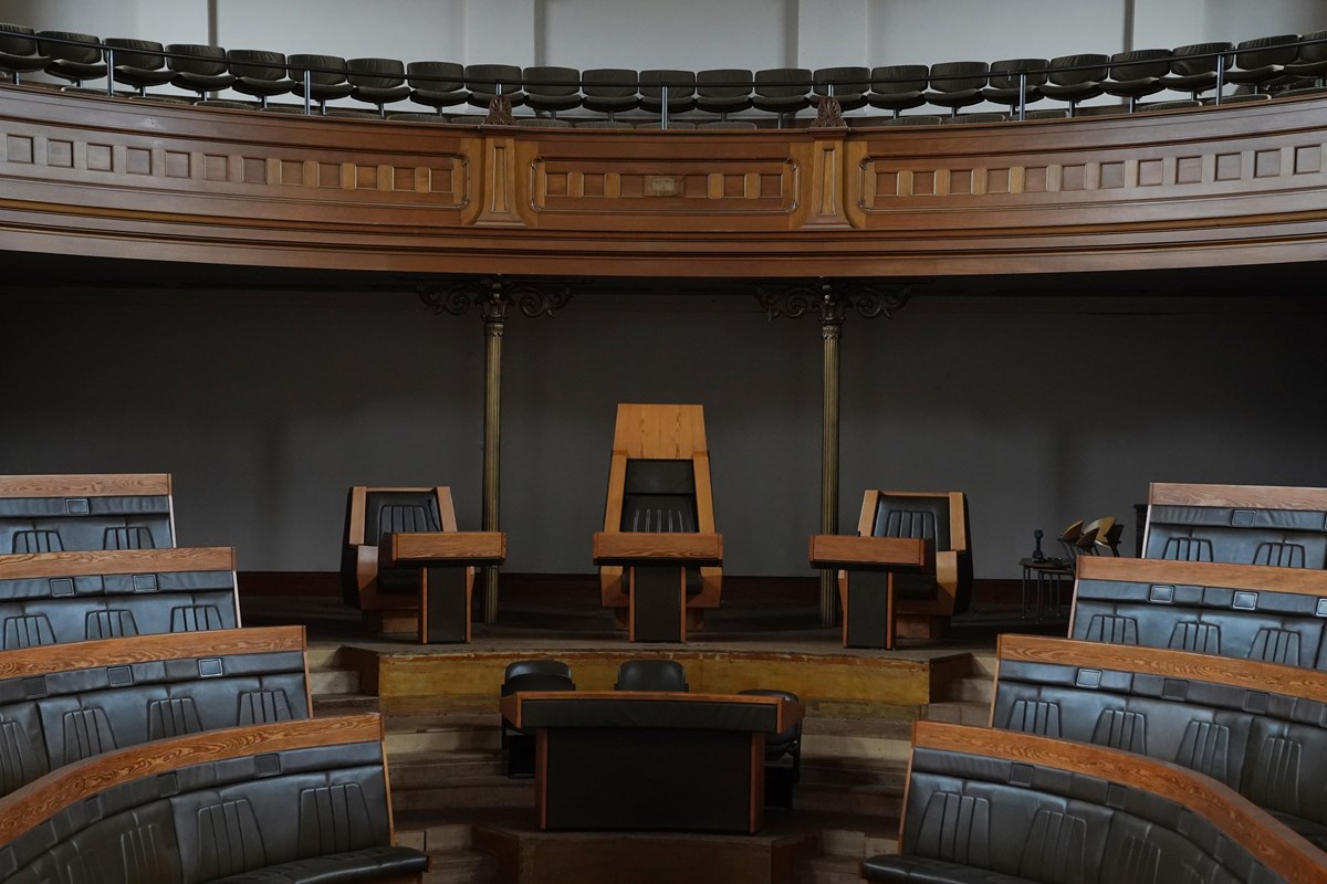 Speaker's Chair in the former Royal High School before being transported to the National Museums Collection Centre (credit Stewart Attwood)
