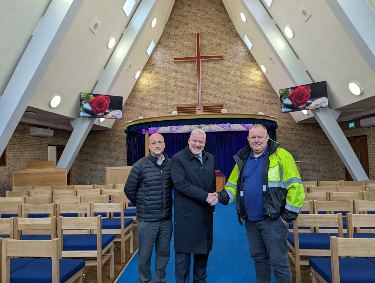 Cllr Damian Corfield (centre) with Ian Bailey (left), principal bereavement services officer at Dudley Council, and site manager Darren Watkins of SWG Construction