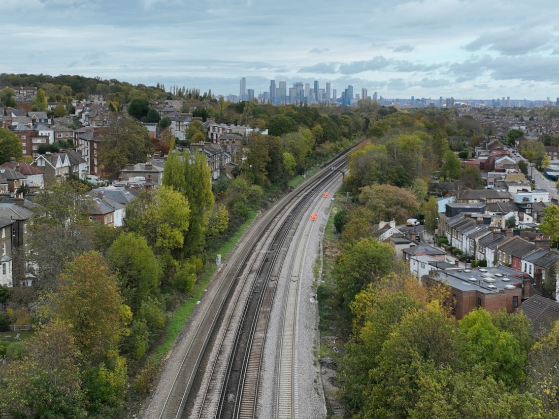 Aerial view of track between Honor Oak Park and Brockley looking north