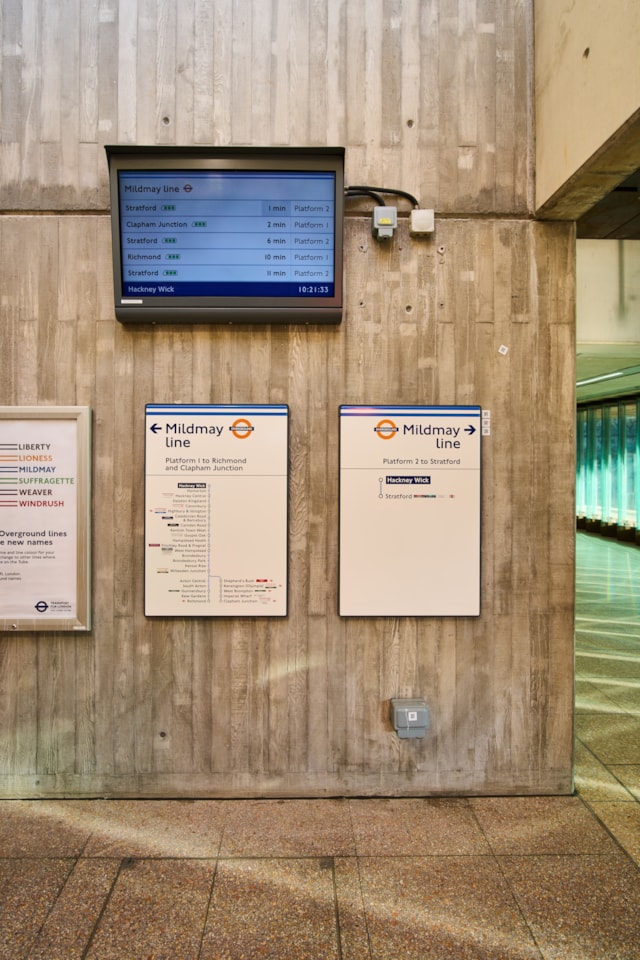 TfL Image - Direction signs and screen at Hackney Wick station