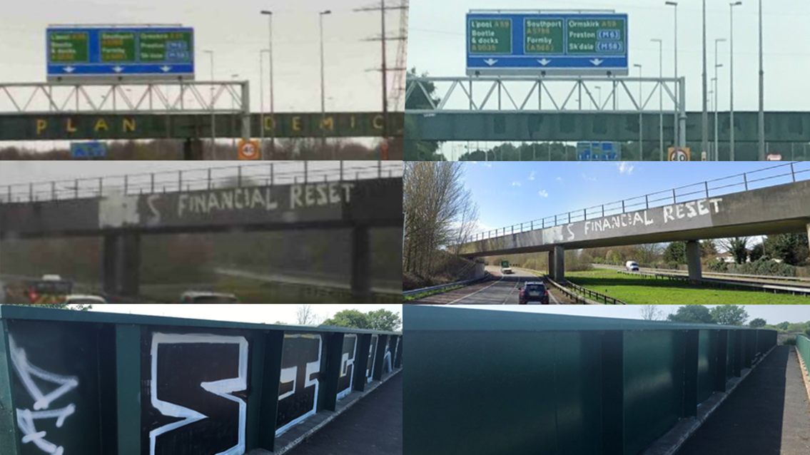 Rail and road workers join forces against motorway graffiti blight: Motorway graffiti composite