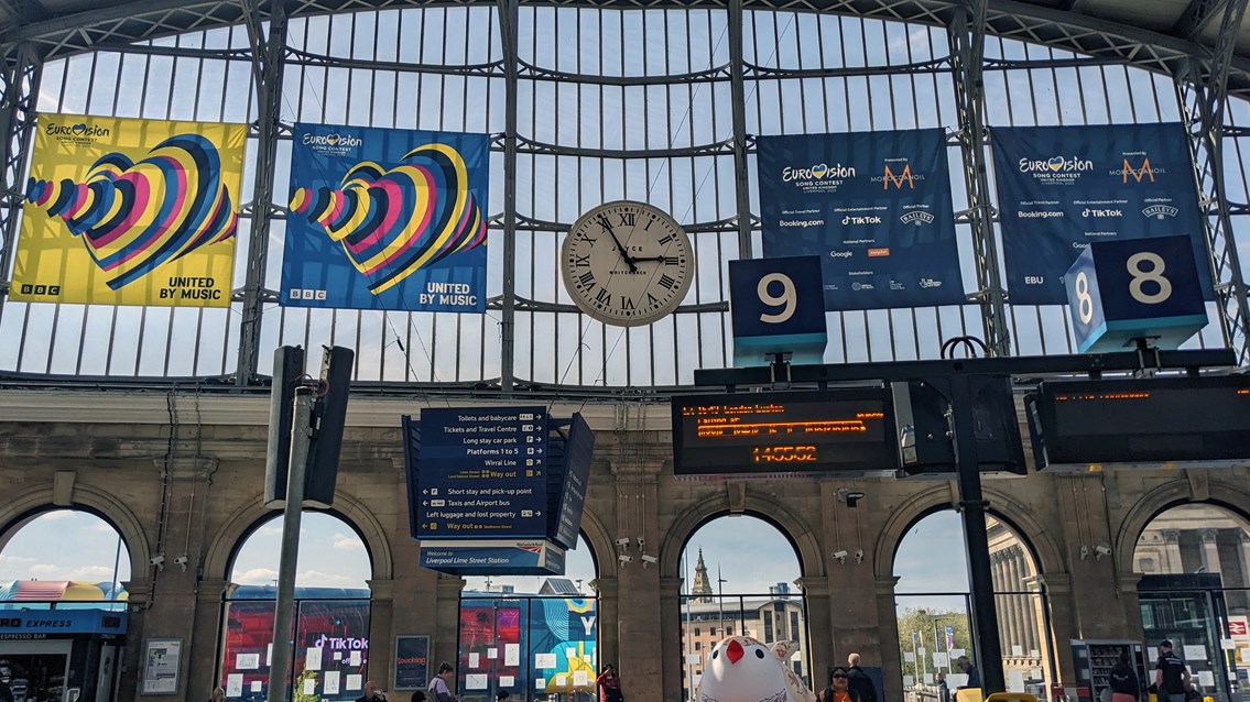 Liverpool Lime Street Eurovision branding on train shed gable end