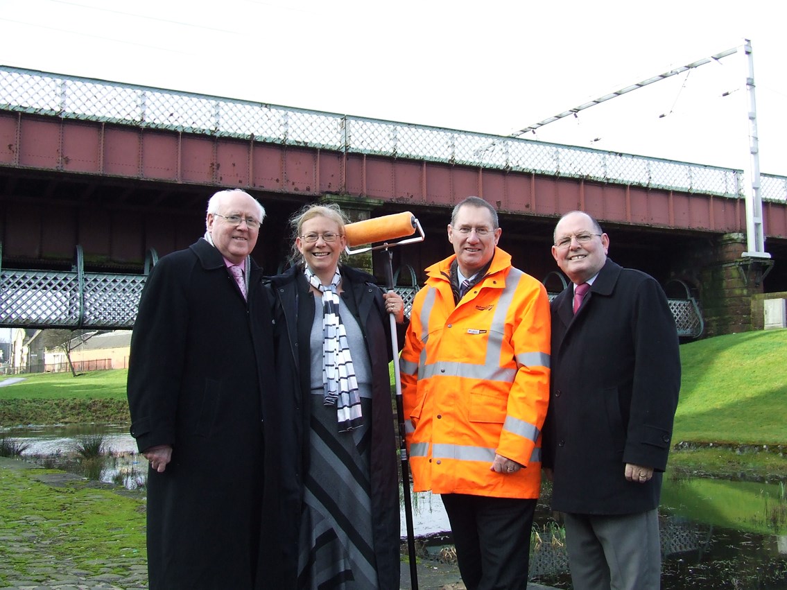 Coatbridge facelift: (L to R) Tom Clarke MP, Elaine Smith MSP, Network Rail's Duncan Sooman and Cllr Tom Maginnis prepare for the painting of two of Coatbridge's iconic bridges.