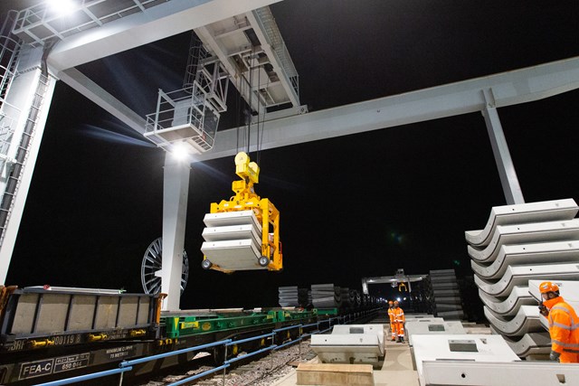 HS2 tunnel segments unloaded from the GBRf train at West Ruislip