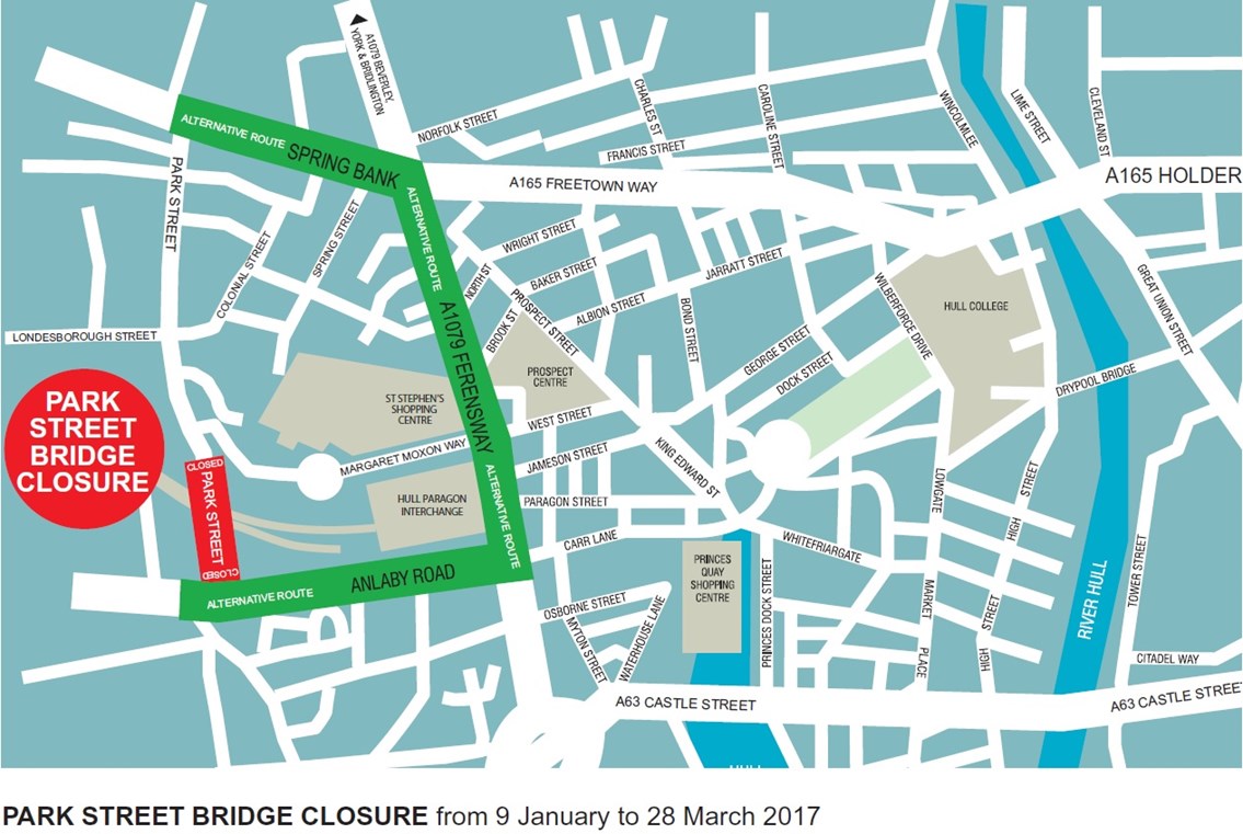 The diversion route for Park Street bridge in Hull