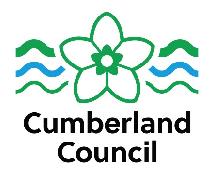 Cumberland Council master logo of green edged flower with green and blue lines either side and Cumberland Council words underneath in black