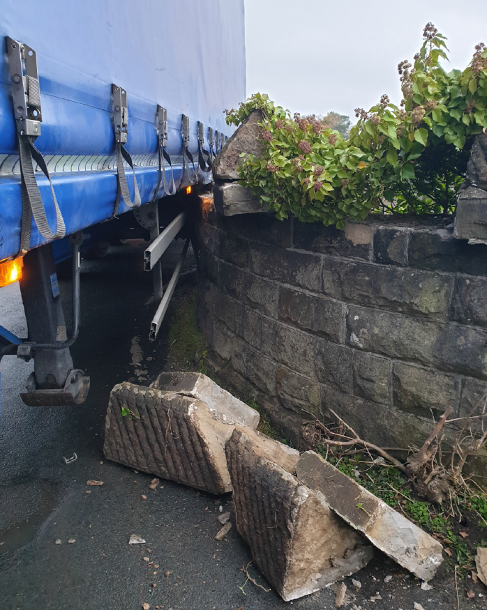 Damage caused to the bridge wall on Burrow Road in Galgate