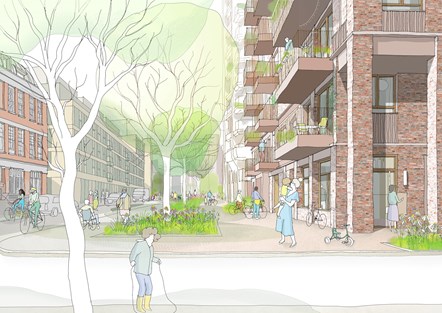 A CGI sketch showing red brick flats with balconies overlooking the street, trees and greenery below. People are walking, wheeling, cycling and making use of their balconies.