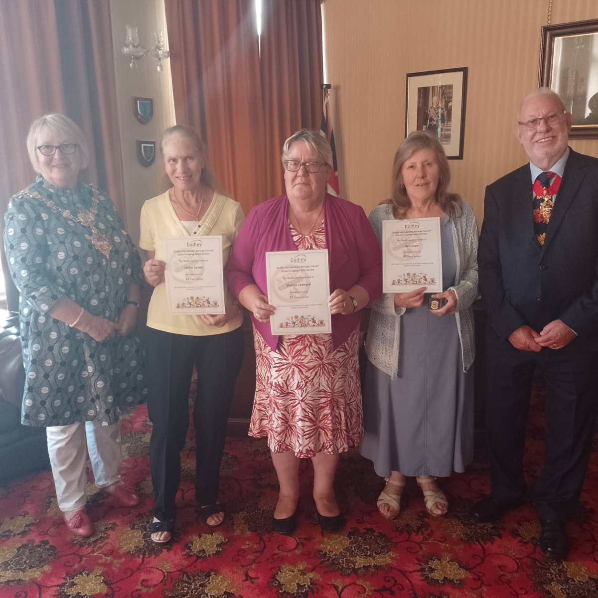 Mayor of Dudley Cllr Hilary Bills and consort John Bills with school crossing patrol officers Lorna Turner 40 yrs service, Sharon Leonard 25yrs service and Ann Cope 35 yrs service (1)