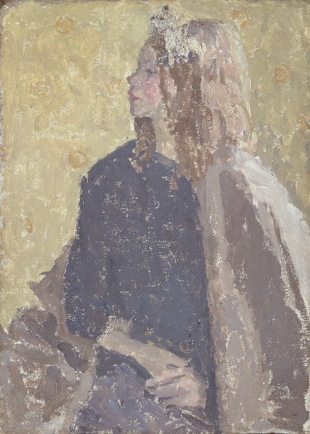 Image of Gwen John's oil and chalk of a seated girl in profile wearing a dark blue dress with her hands clasped at her lap