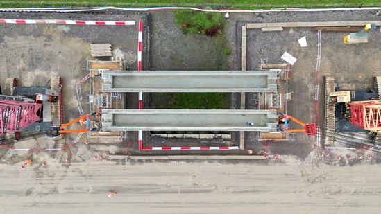 Birds eye view of the first deck beams lifted into place at Thame Valley Viaduct Oct 2023