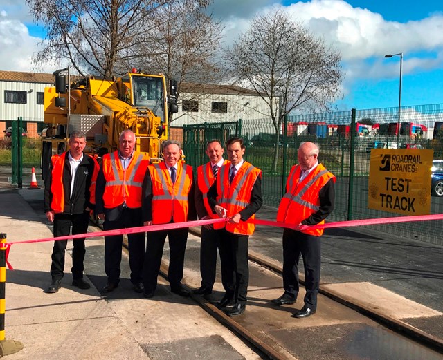Andy Thomas RMD, Newtork Rail Wales and Welsh Government Economy and Infrastructure Secretary, Ken Skates AM at the opening of the new Road Rail Cranes test track facility