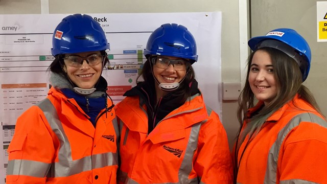 Danielle Lahan from Network Rail (L), Trudy Harrison MP (C), Sophie Quinlan, site supervisor for MacRail (R)