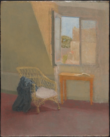 Gwaith celf Gwen John mewn paent olew, A Corner of the Artist's Room in Paris, gyda sedd a bwrdd wrth ochr ffenestr agored.