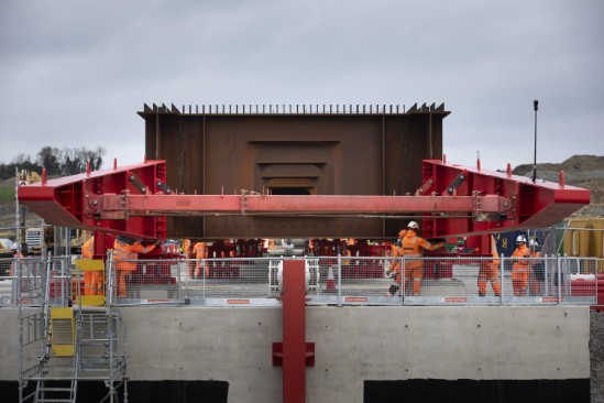 Engineers at work as the front of the Westbury Viaduct deck reaches the second pier March 2024