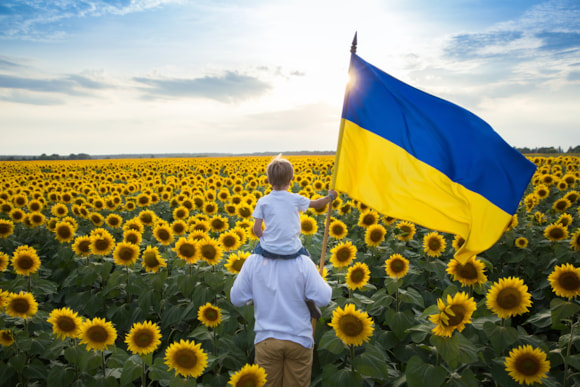 Could you offer a home to a Ukrainian refugee?: Father and son sunflowers flag