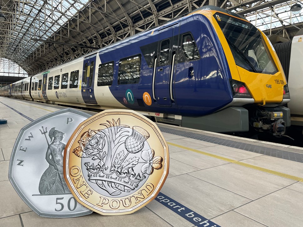 Image shows 50p & £1 coin as part of Northern Flash Sale - January 2023