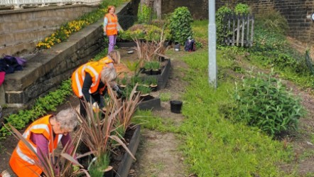 Image shows volunteers working on Brighouse station Climate Change Garden