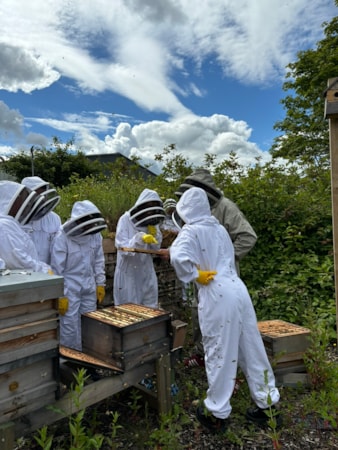 Edinburgh beekeeping 5: Five employees stand around beehive and lean forward to see the bees. They wear white beekeeping suits with black mesh face covering and yellow gloves.