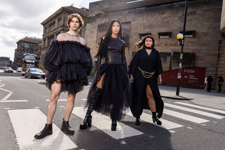 Models (L-R) Joshua Cairns, Grace Dempsey and Shannon Summers arrive at the National Museum of Scotland ahead of the opening of Beyond the Little Black Dress on Saturday (1 July). The exhibition deconstructs an iconic wardrobe staple, examining the radical power of the colour black in fashion. Image