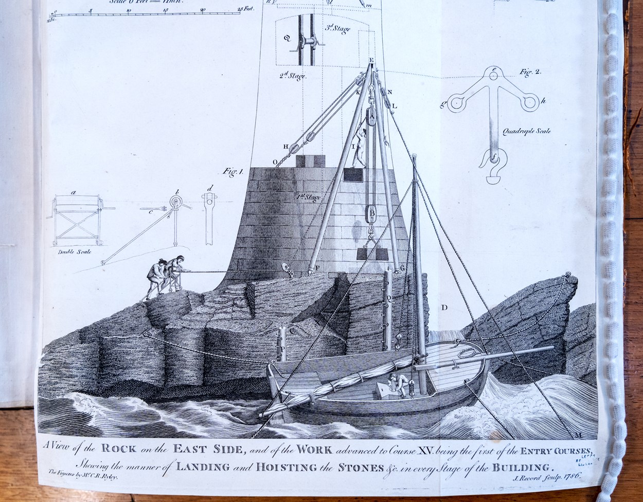 Engineery: Pages from the book containing original plans for John Smeaton's famous Eddystone Lighthouse. The beautiful first edition, penned by Smeaton himself, is on loan from Leeds Central Library, and is among the fascinating objects featured in Engineery, a new exhibition which has opened at Leeds Industrial Museum. Image credit: Anthony Robling.