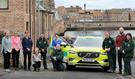 L-R Dr Katy Reay, Julie Blythe - Practice Manager Union brae, Dawn Dewer- Practice Nurse Union Brae, Anne Kossman - Business manager Union brae, NEAS community paramedic Paul Mills, Mandy Thompson - Snr Nurse Well close, NEAS community paramedic Julie Cowell, NEAS community paramedic Wayne McKay, , 