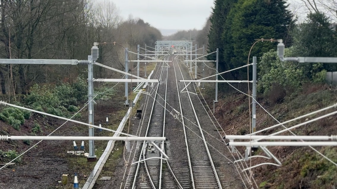 Close up of overhead lines now live between Wigan and Bolton