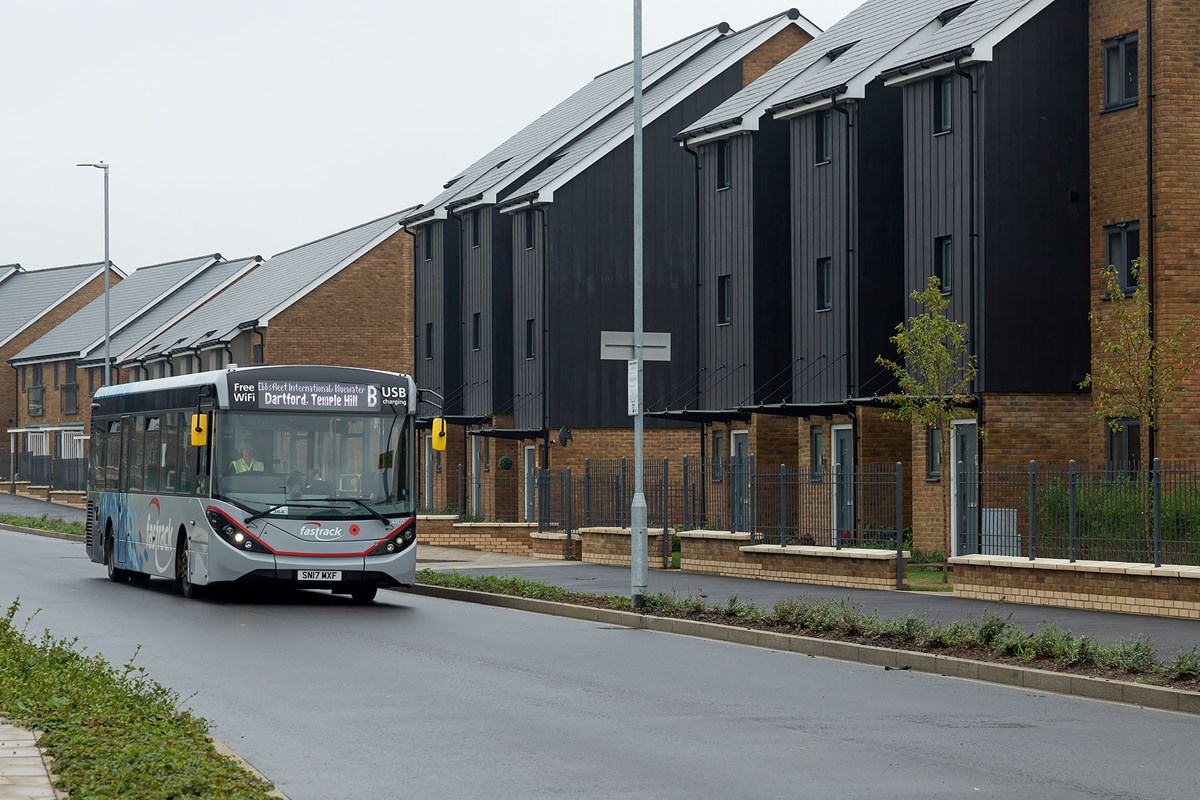 A Kent Fastrack bus operating in the Springhead Park area of Gravesend